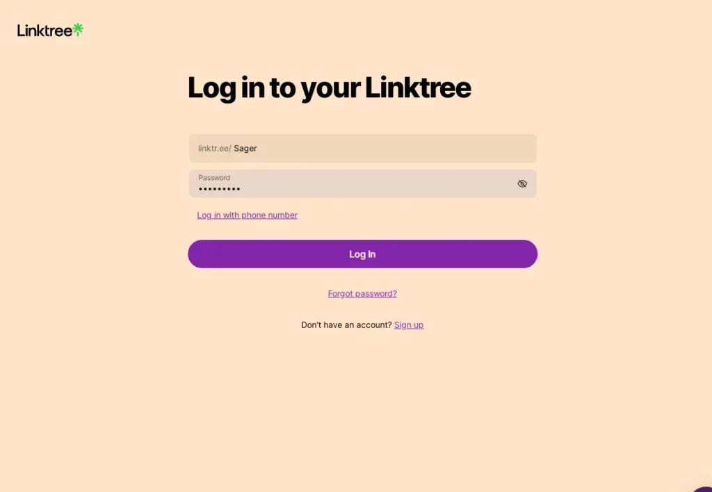 A screenshot of a computer screen showing the login page for Linktree, with fields for entering a username and password and a button to log in to an account.