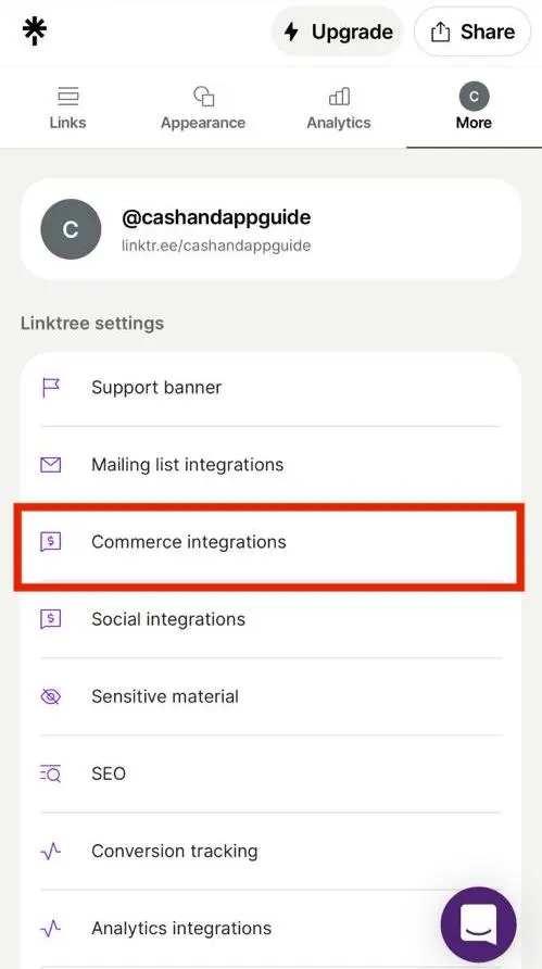 A screenshot displaying the "Commerce Integrations" option allows users to connect their Cash App account to various e-commerce platforms.